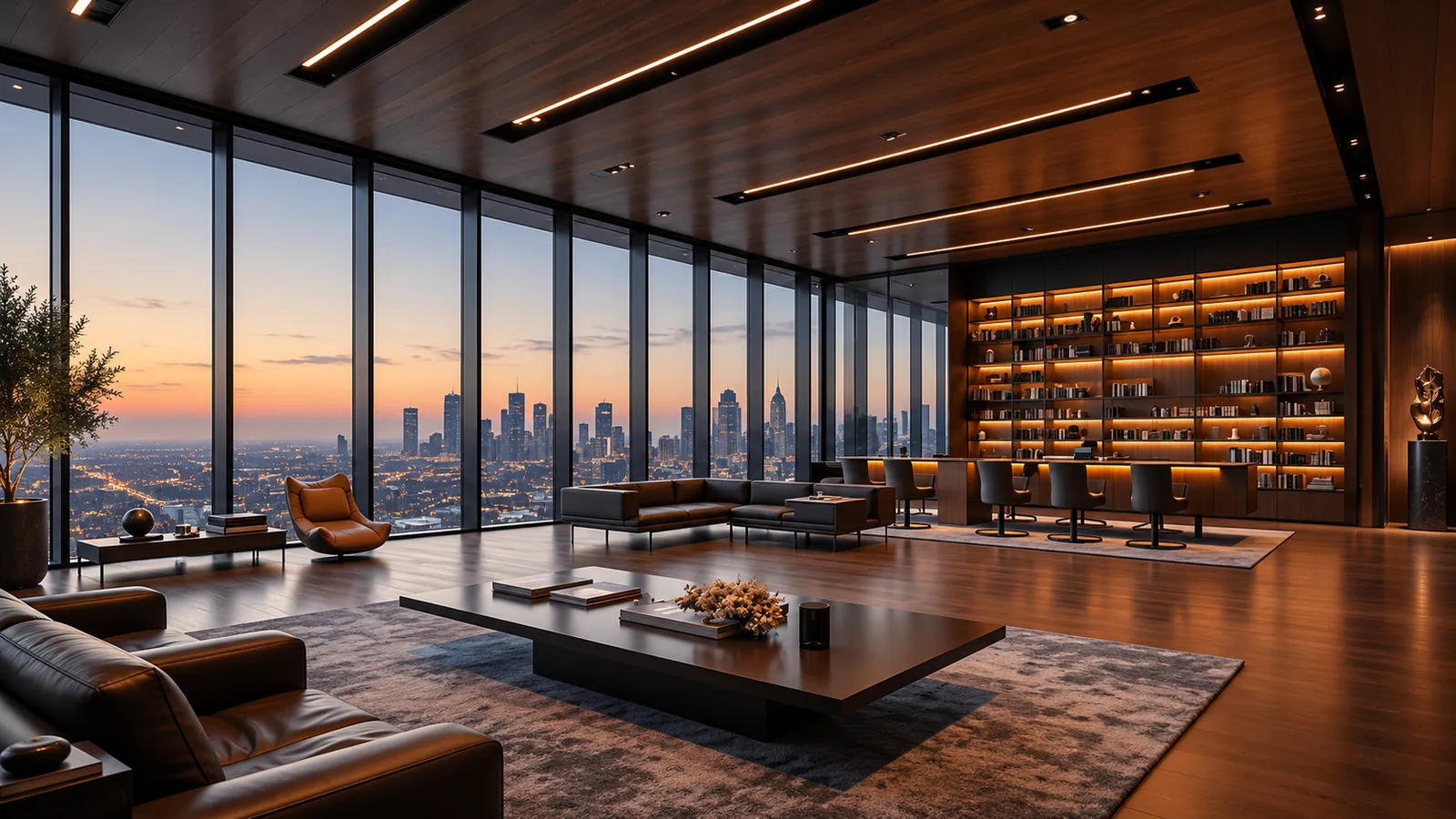 Interno panoramico di un ufficio contemporaneo affacciato sullo skyline al tramonto